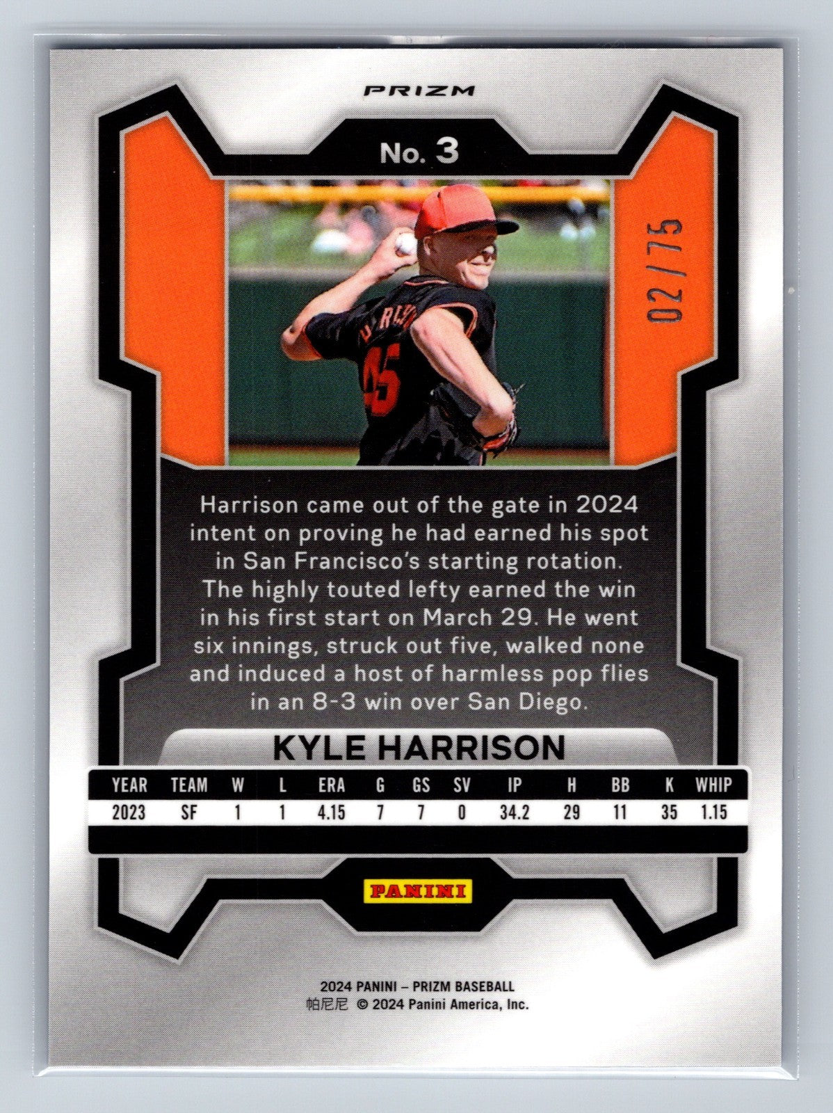 Kyle Harrison 2024 Panini Prizm Blue Pulsar Prizm RC /75 #3 Giants