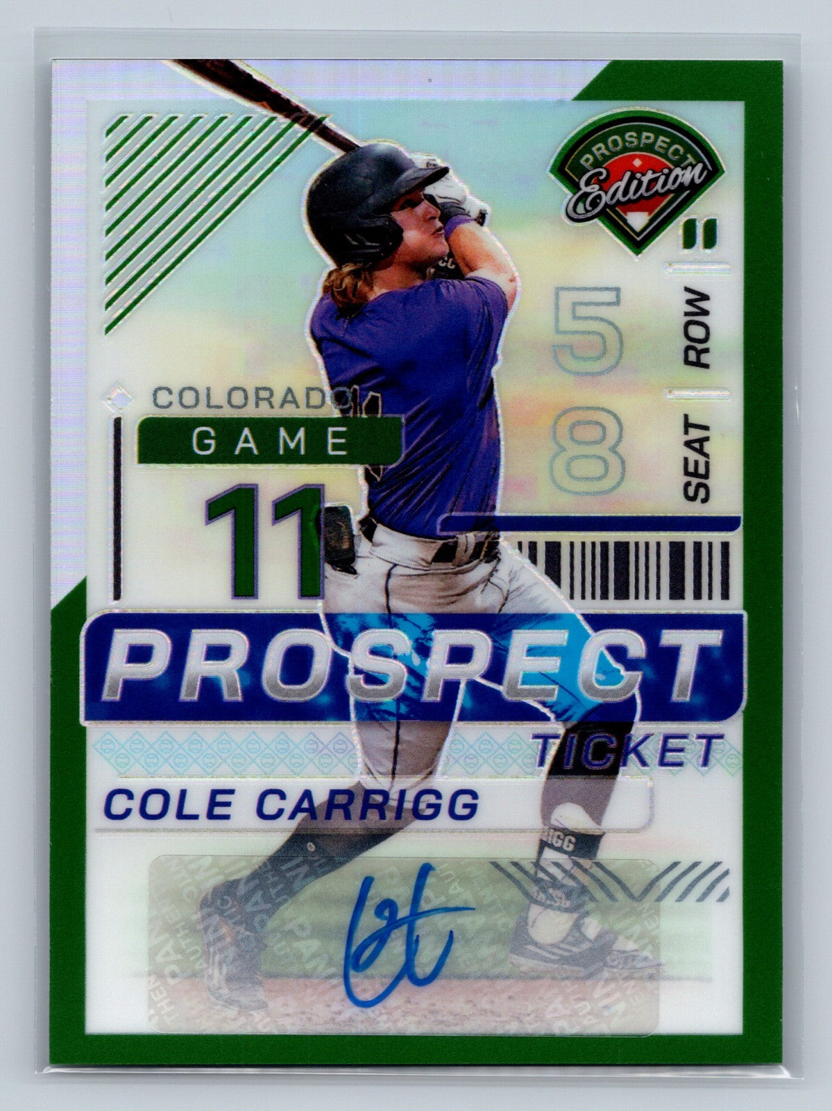 Cole Carrigg 2024 Panini Prospect Edition Prospect Ticket Green Prizm Auto #84