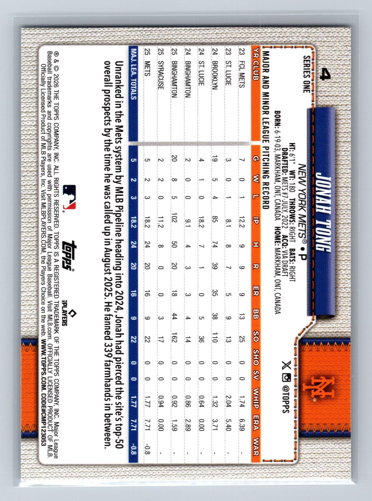 Jonah Tong 2026 Topps Series 1 RC #4 Mets