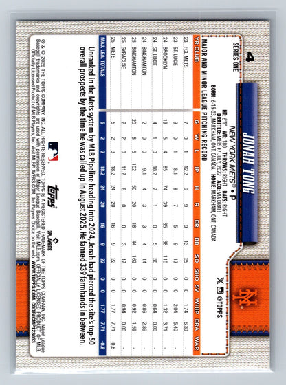 Jonah Tong 2026 Topps Series 1 RC #4 Mets