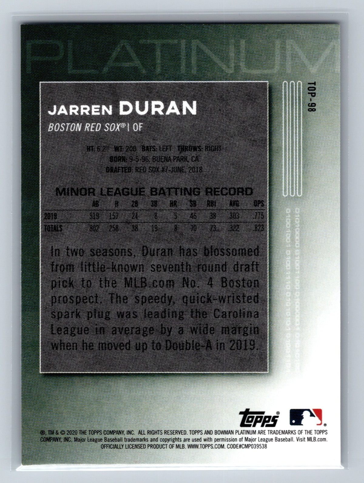 Jarren Duran 2020 Bowman Platinum Top Prospects #TOP-98 Red Sox