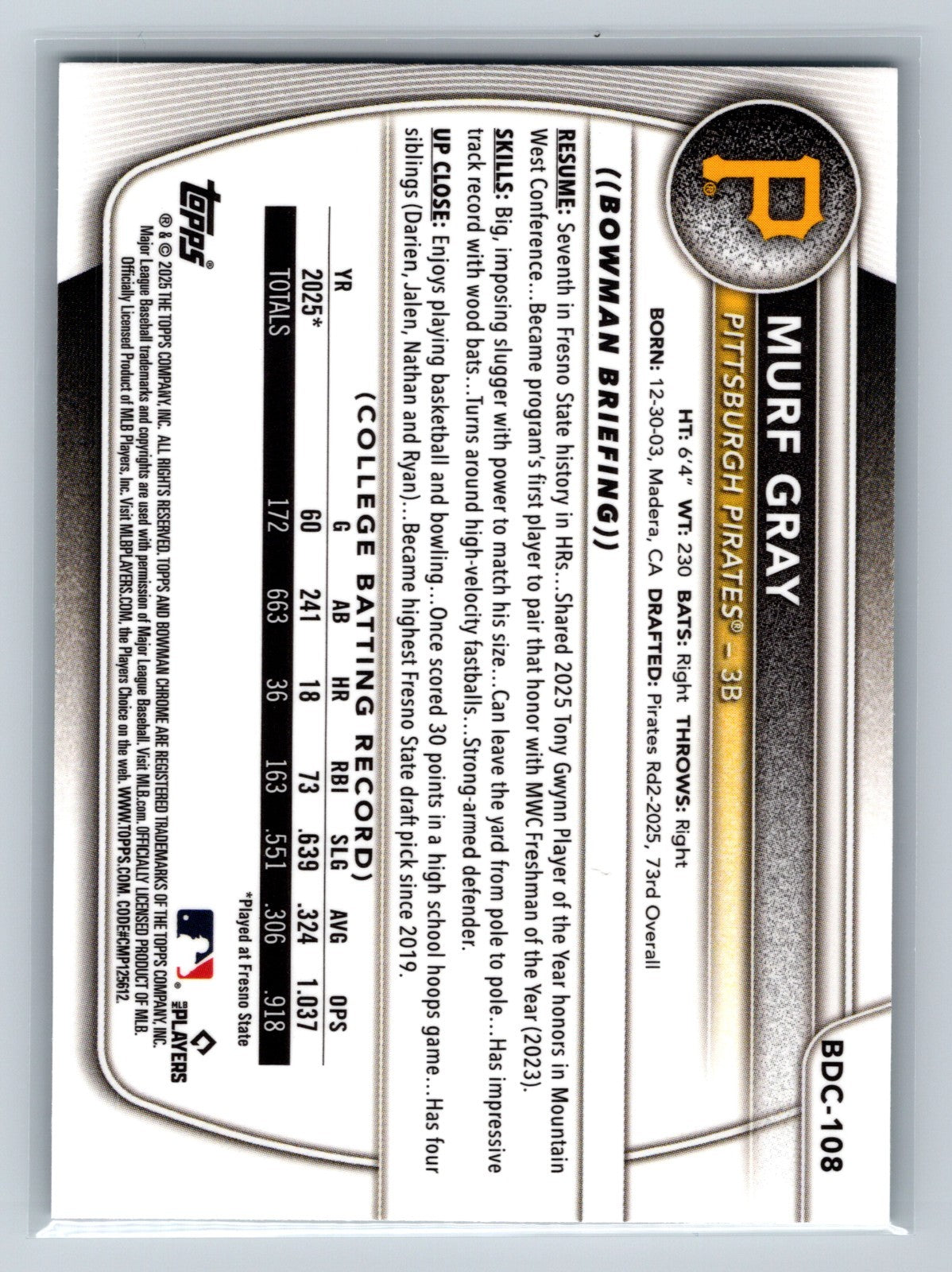 Murf Gray 2025 Bowman Draft Chrome 1st Aqua Wave Refractor /125 #BDC-108 Pirates