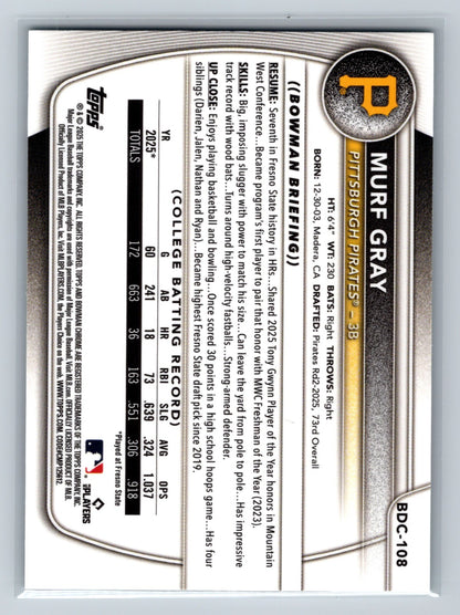 Murf Gray 2025 Bowman Draft Chrome 1st Aqua Wave Refractor /125 #BDC-108 Pirates