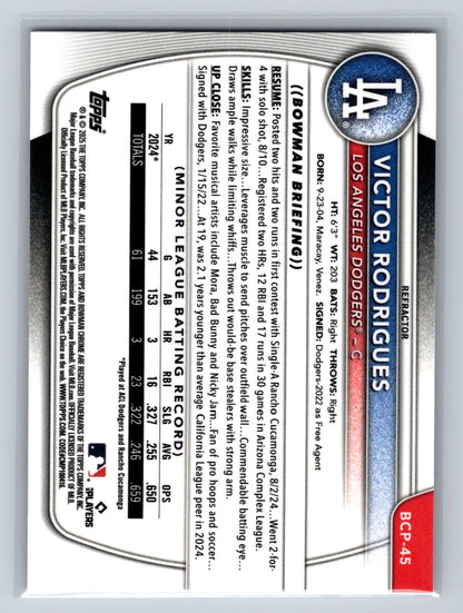 Victor Rodrigues 2025 Bowman Chrome 1st Refractor /499 #BCP-45 Dodgers