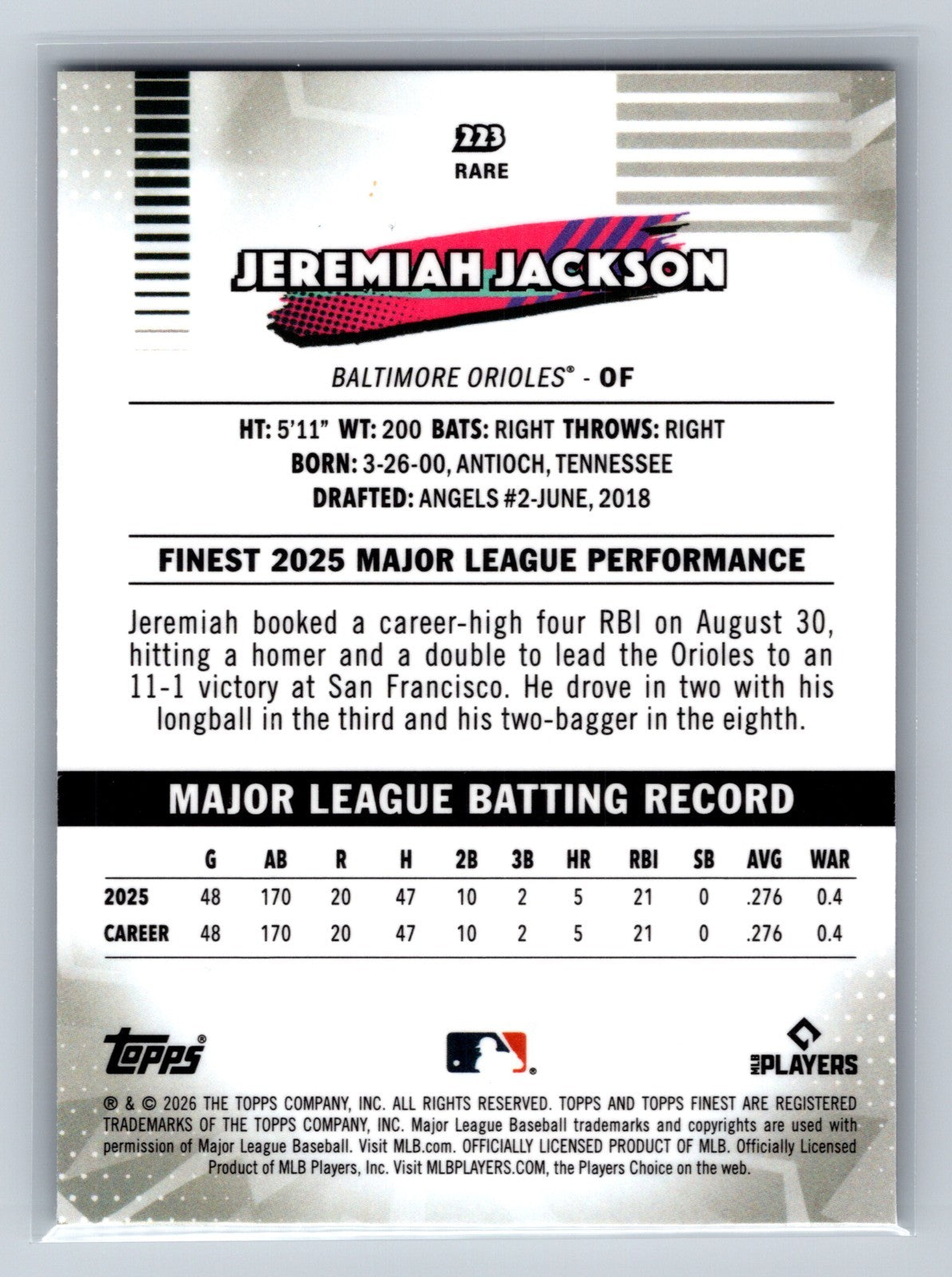 Jeremiah Jackson 2026 Topps Finest Rare Purple Mini Diamond Refractor RC /75