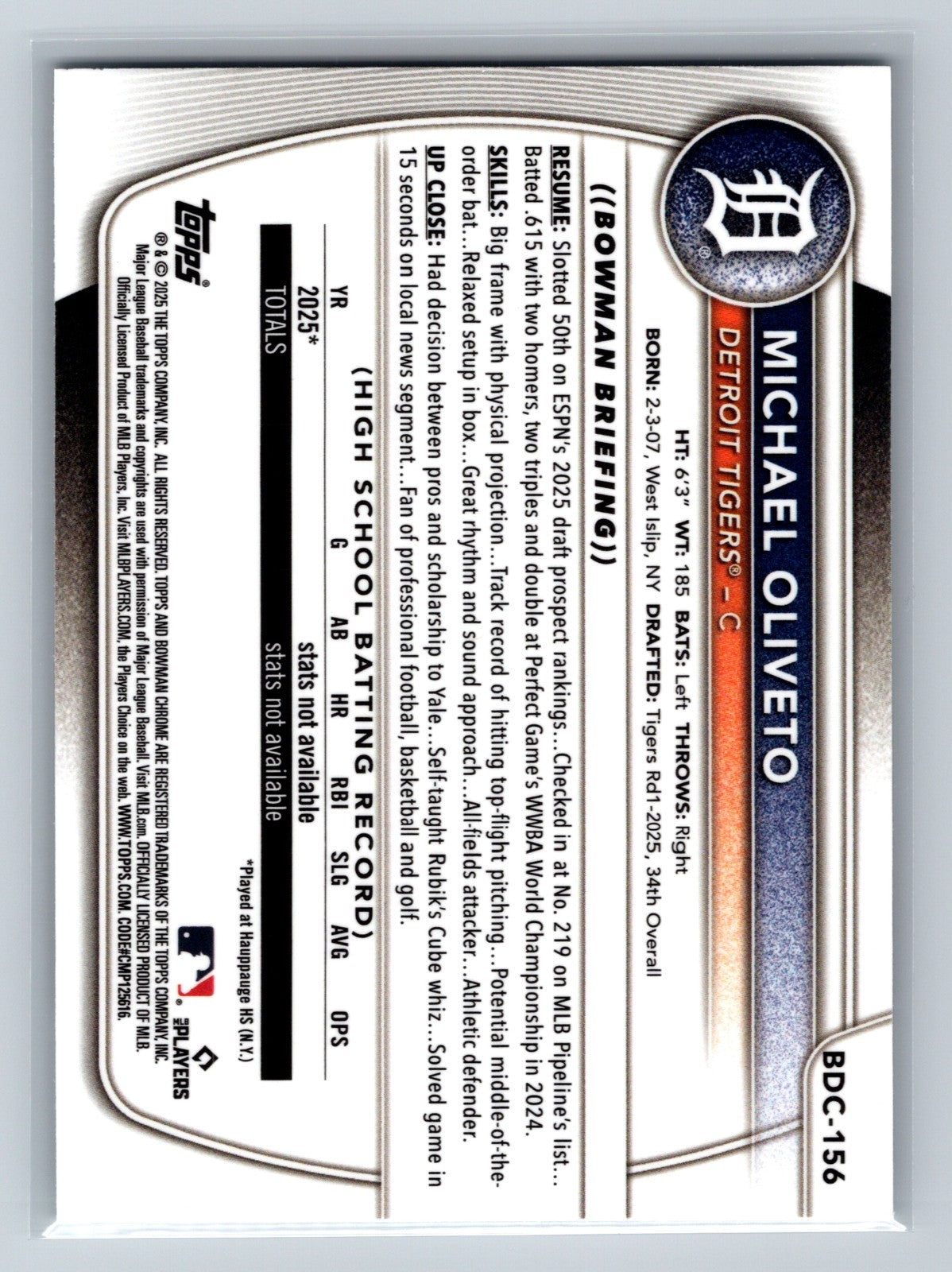 Michael Oliveto 2025 Bowman Draft Chrome 1st Mojo Refractor #BDC-156 Tigers