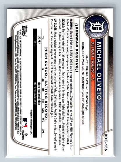 Michael Oliveto 2025 Bowman Draft Chrome 1st Mojo Refractor #BDC-156 Tigers
