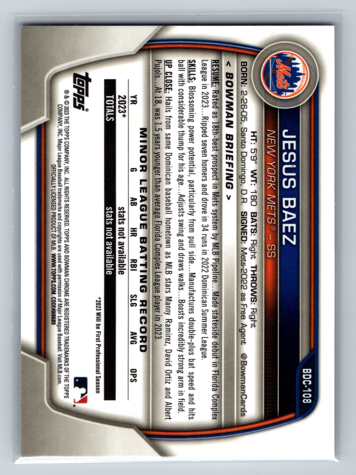 Jesus Baez 2023 Bowman Draft Chrome Purple Refractor /250 #BDC-108 Mets