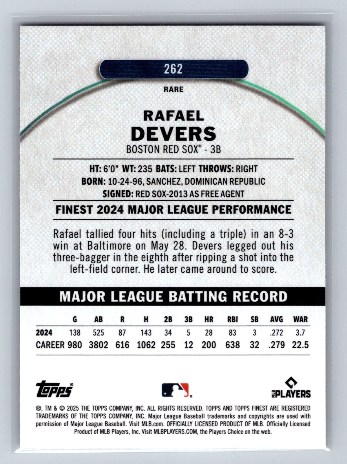 Rafael Devers 2025 Topps Finest Rare Magenta Refractor /200 #262 Red Sox