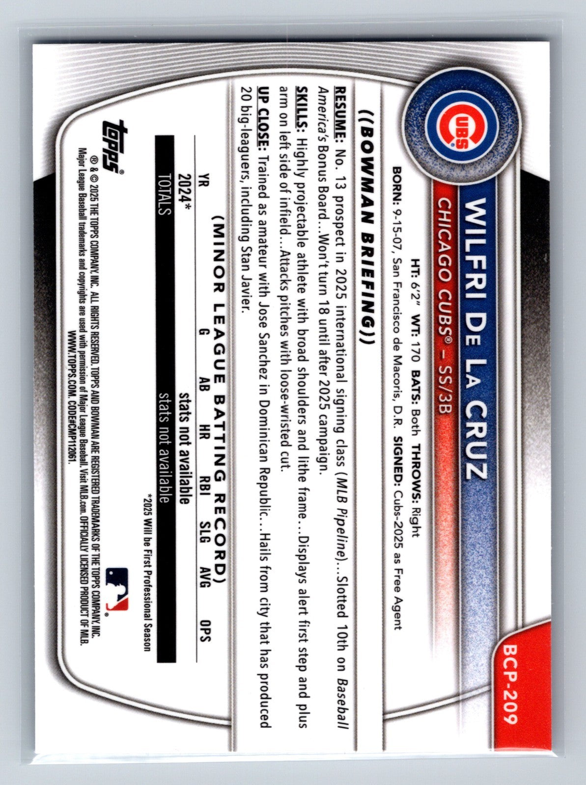 Wilfri De La Cruz 2025 Bowman Chrome 1st Blue Wave Refractor /150 #BCP-209 Cubs