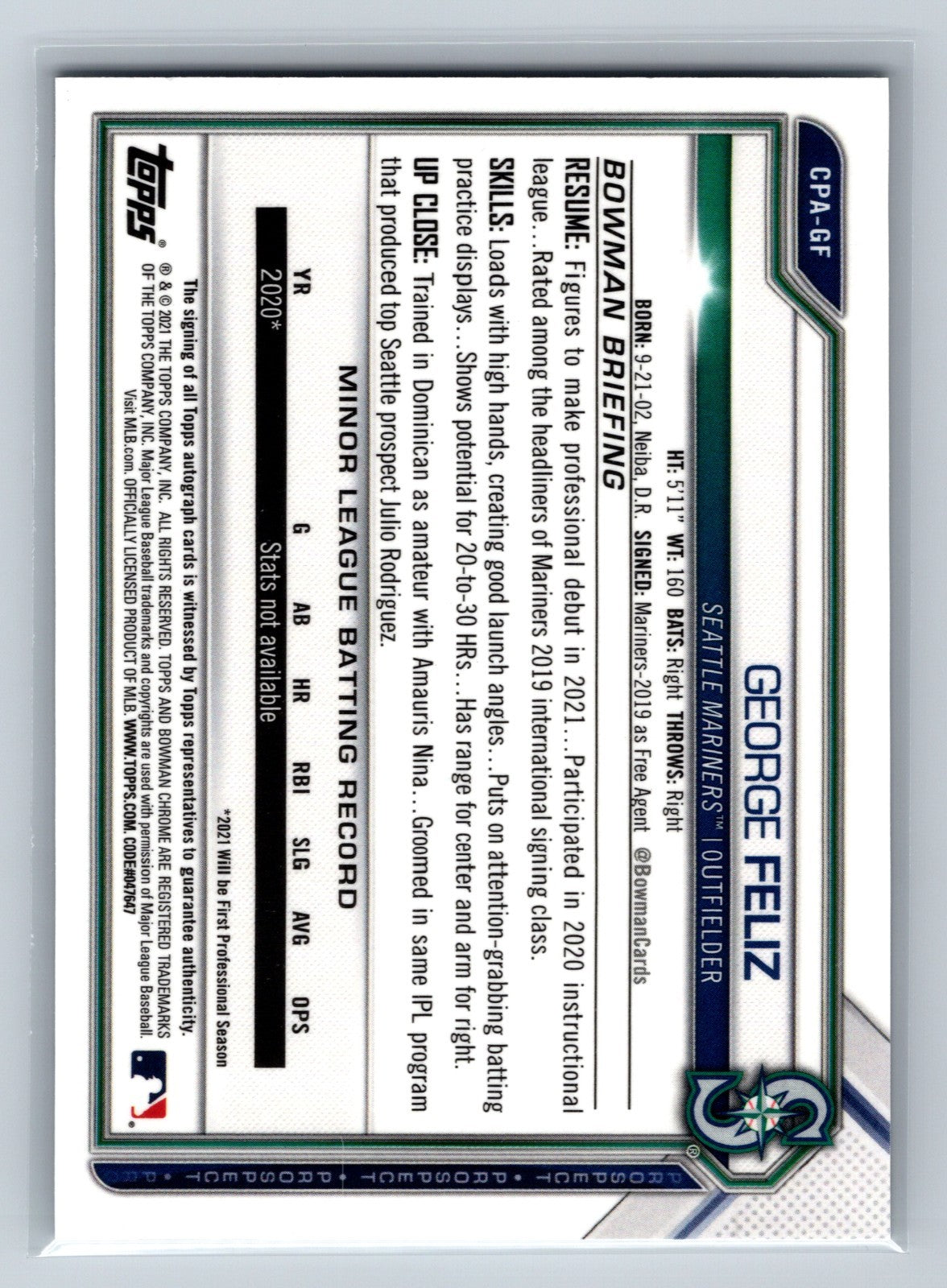 George Feliz 2021 Bowman Chrome 1st Auto #CPA-GF Mariners