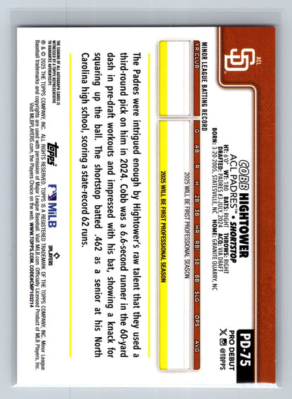 Cobb Hightower 2025 Topps Pro Debut Auto #PD-75 Padres