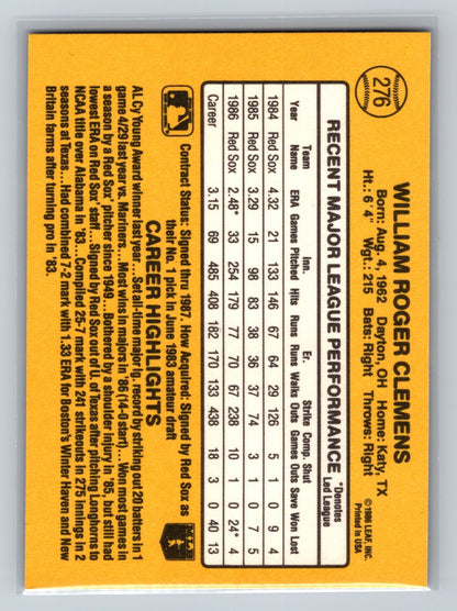 Roger Clemens 1987 Donruss #276 Red Sox