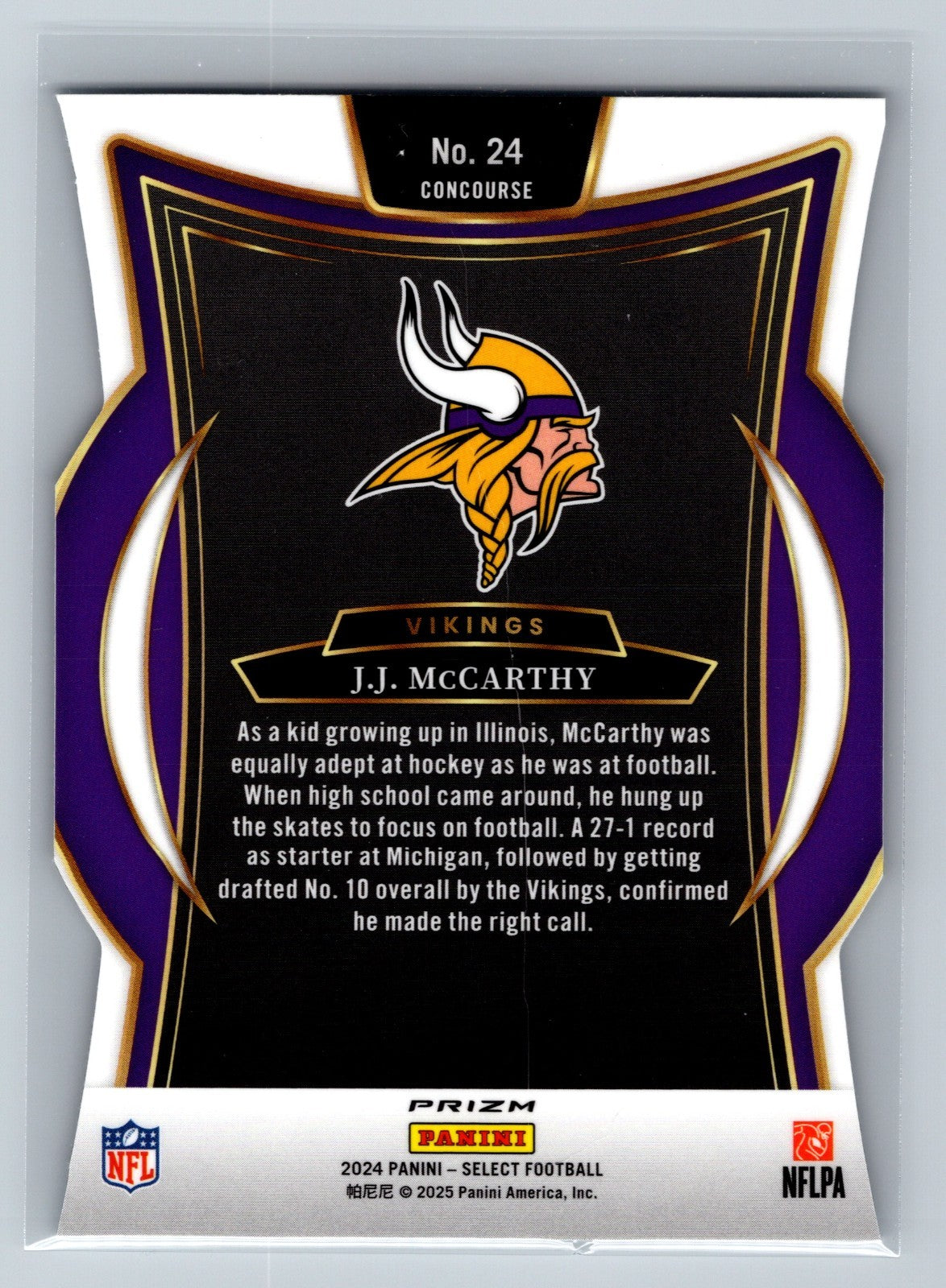 J.J. McCarthy 2024 Panini Select Concourse Silver Prizm Die-Cut RC #24 Vikings