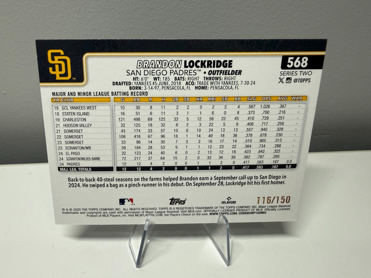 Brandon Lockridge 2025 Topps Series 2 Blue Rainbow Foil RC /150 #568 Padres