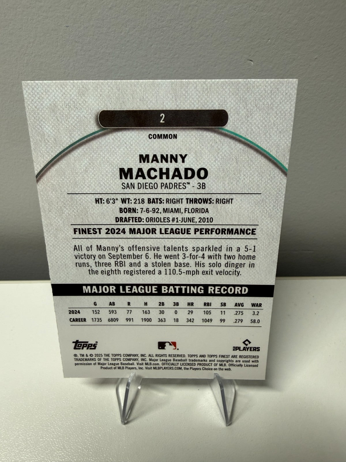 Manny Machado 2025 Topps Finest Common Sky Blue Refractor /325 #2 Padres