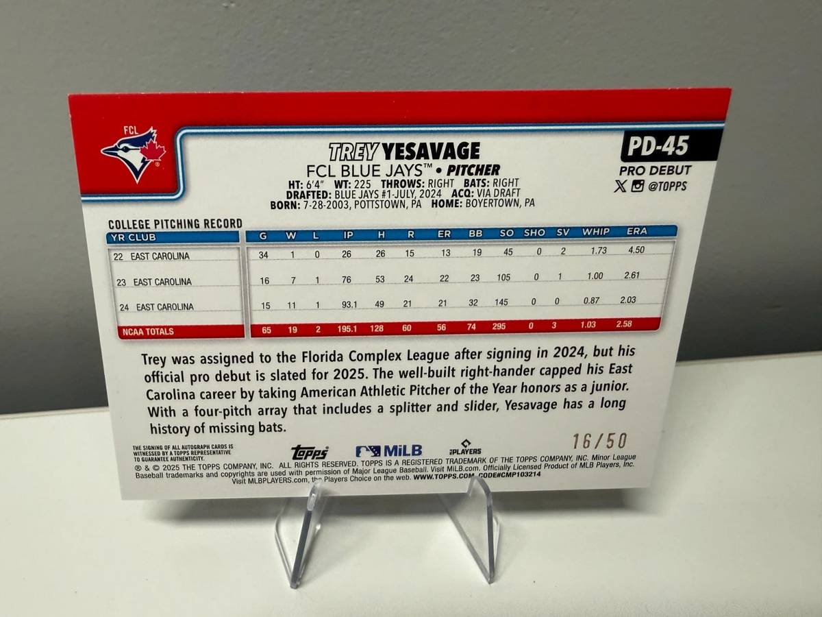 Trey Yesavage 2024 Topps Pro Debut Gold Foil Auto /50 #PD-45 Blue Jays