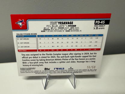 Trey Yesavage 2024 Topps Pro Debut Gold Foil Auto /50 #PD-45 Blue Jays