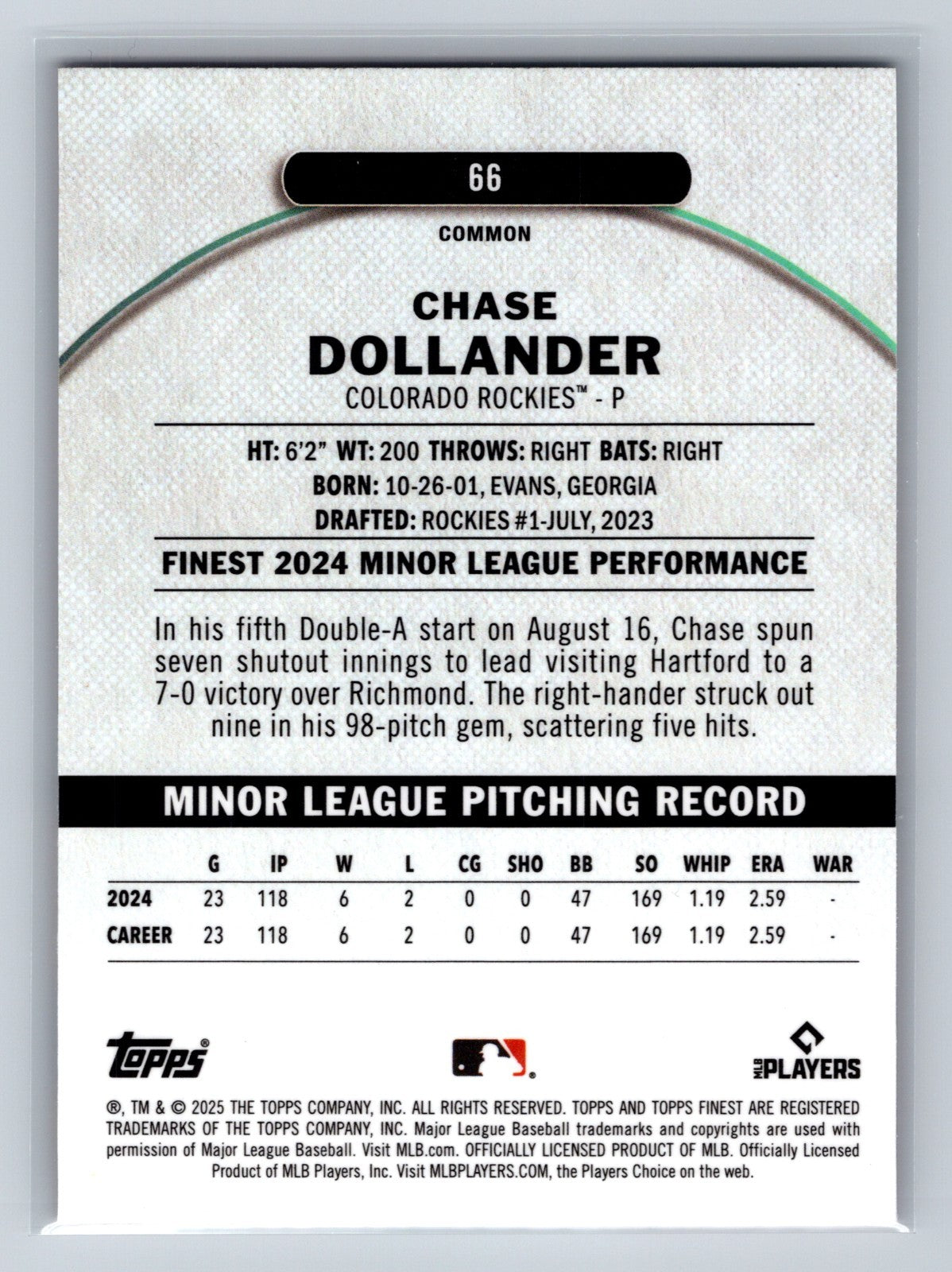Chase Dollander 2025 Topps Finest Common Magenta Refractor RC /350 #66 Rockies