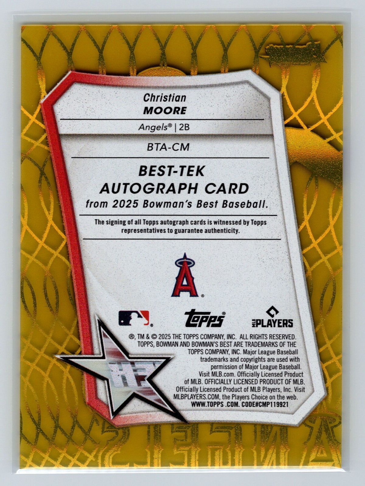 Christian Moore 2025 Bowman's Best Best-Tek Gold Auto /50 #BTA-CM Angels