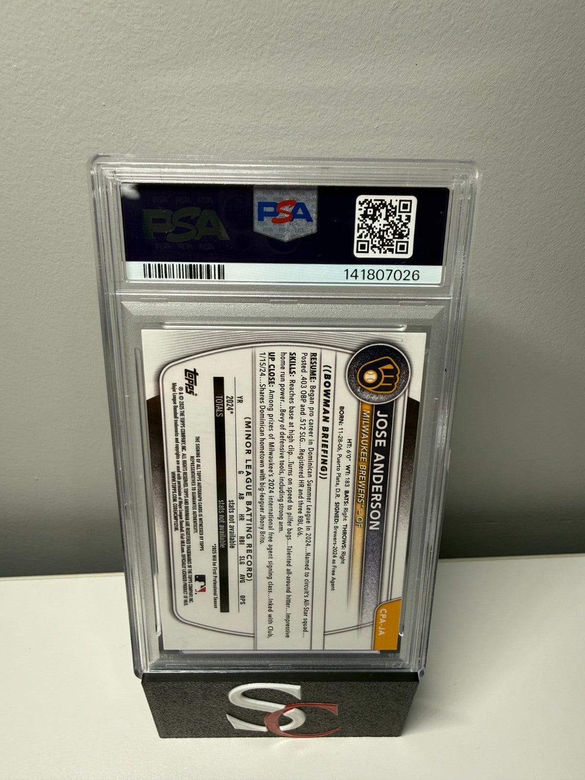 Jose Anderson 2025 Bowman Chrome 1st Auto #CPA-JA Brewers PSA 10 GEM MT