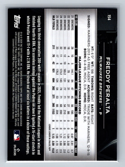 Freddy Peralta 2026 Topps Chrome Black Blue Refractor /150 #154 Brewers