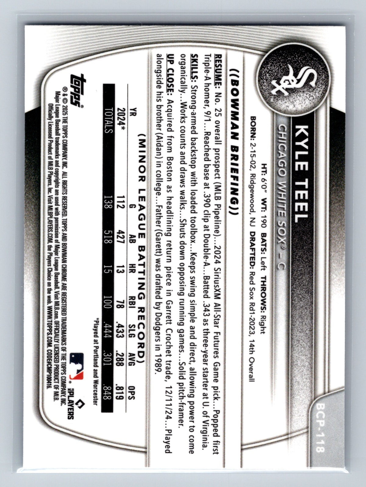 Kyle Teel 2025 Bowman Chrome Prospects Blue Geometric Refractor /150 #BCP-118
