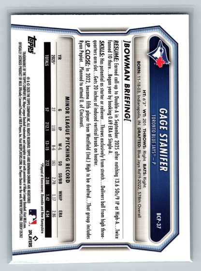 Gage Stanifer 2026 Bowman Chrome 1st Green Refractor /99 #BCP-37 Blue Jays