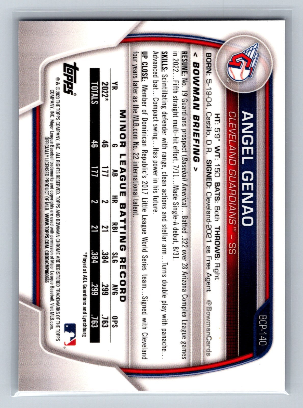 Angel Genao 2023 Bowman Chrome 1st Purple Refractor /250 #BCP-140 Guardians