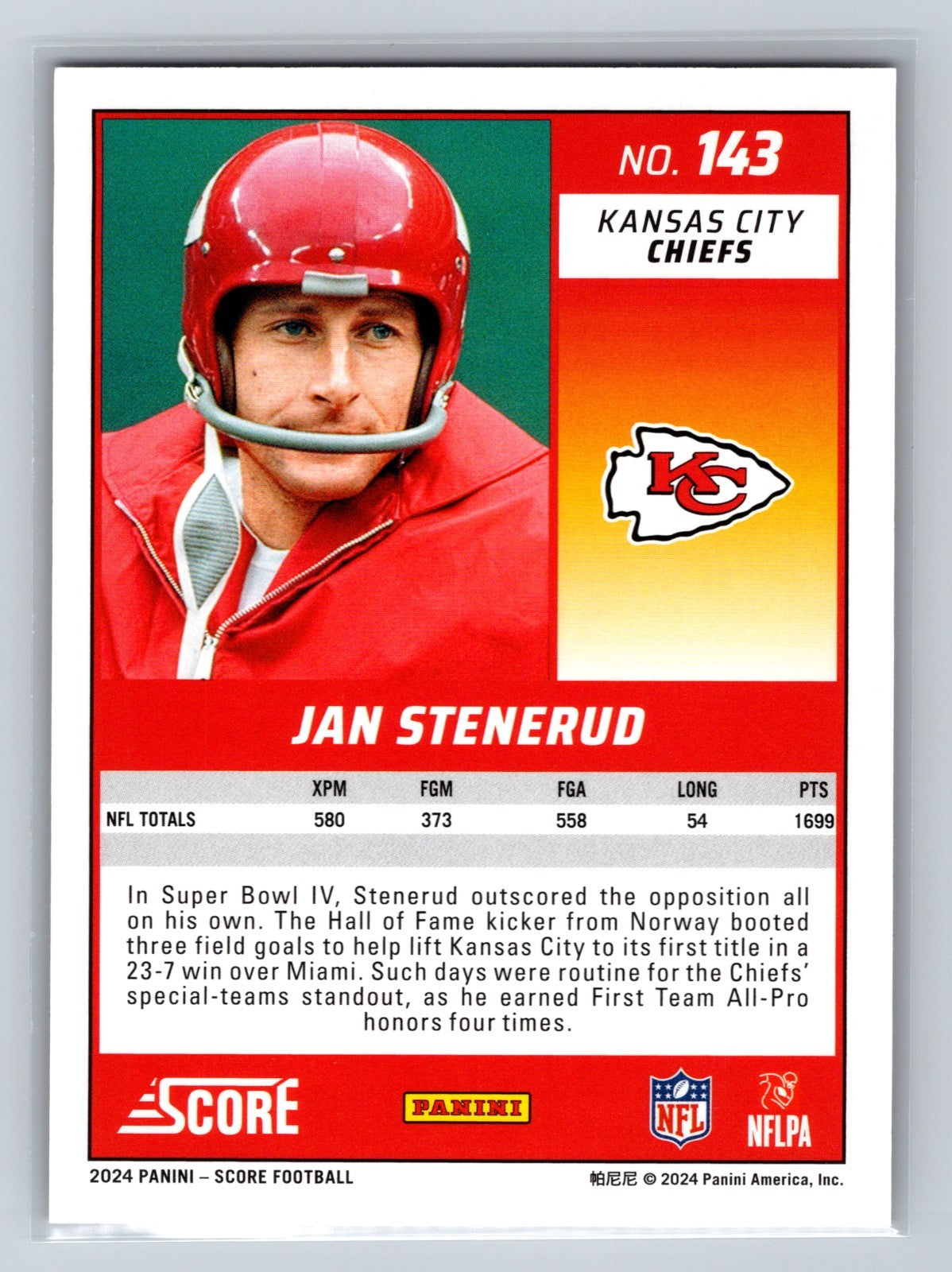 Jan Stenerud 2024 Panini Score Lava /630 #143 Chiefs