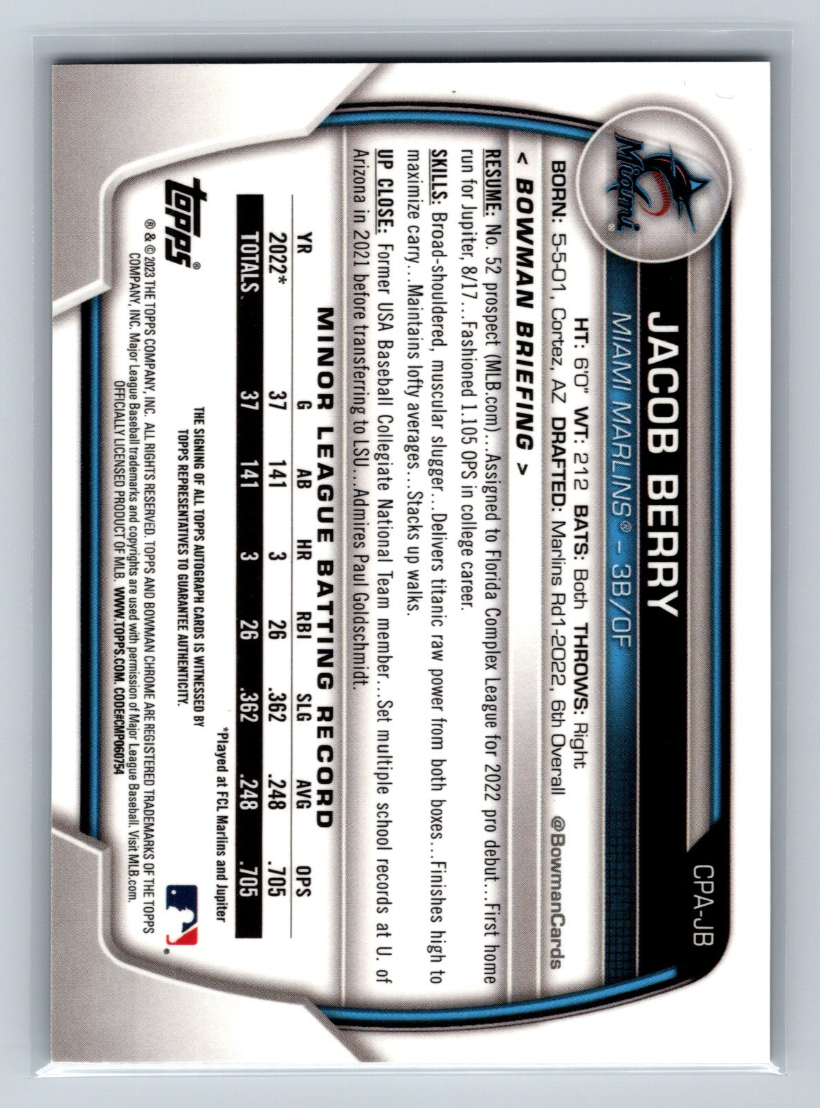 Jacob Berry 2023 Bowman Chrome 1st Green Grass Refractor Auto /99 #CPA-JB