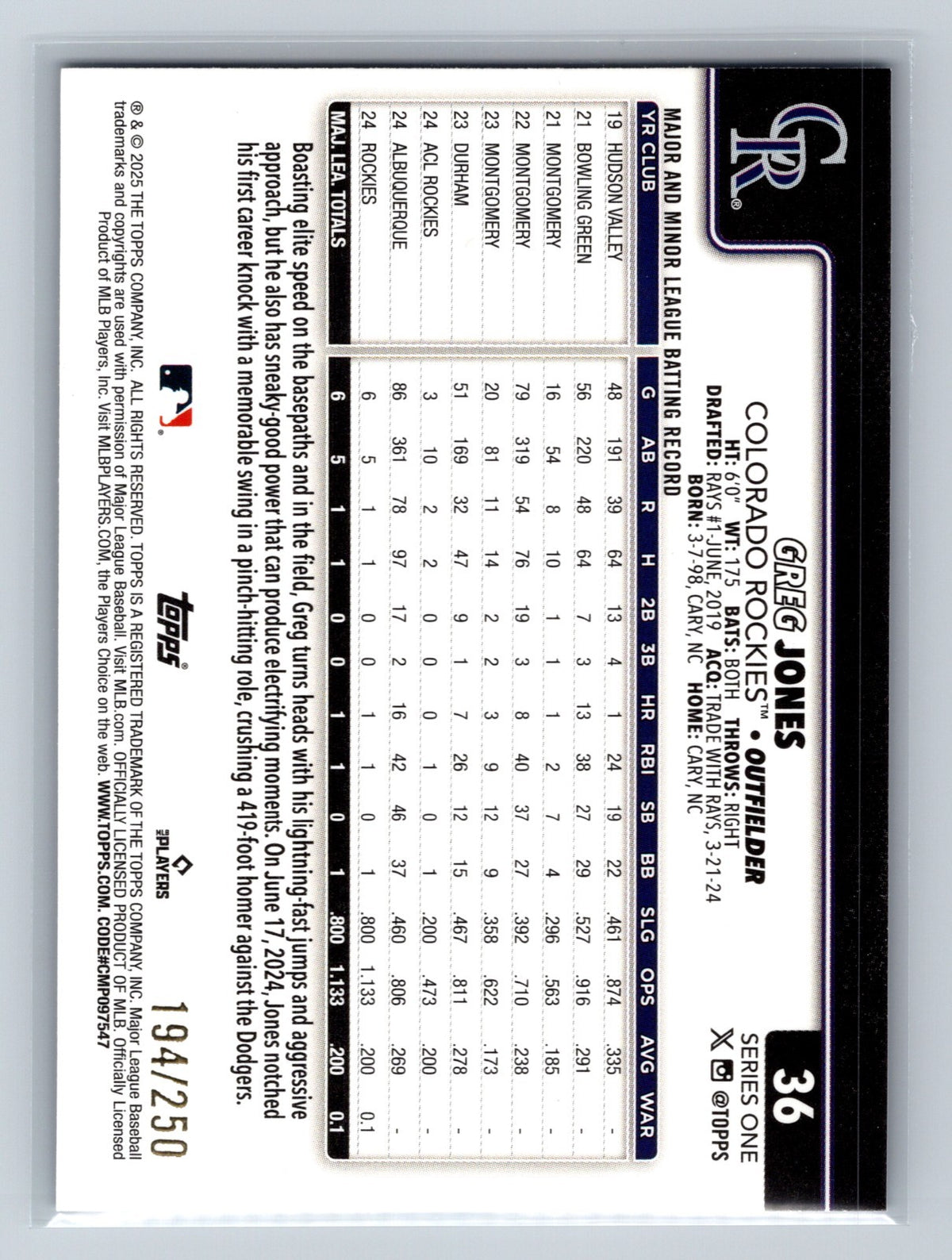 Greg Jones 2025 Topps Series 1 Purple Foil RC /250 #36 Rockies
