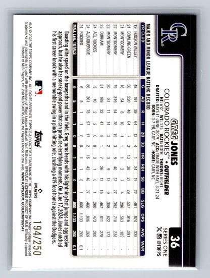 Greg Jones 2025 Topps Series 1 Purple Foil RC /250 #36 Rockies