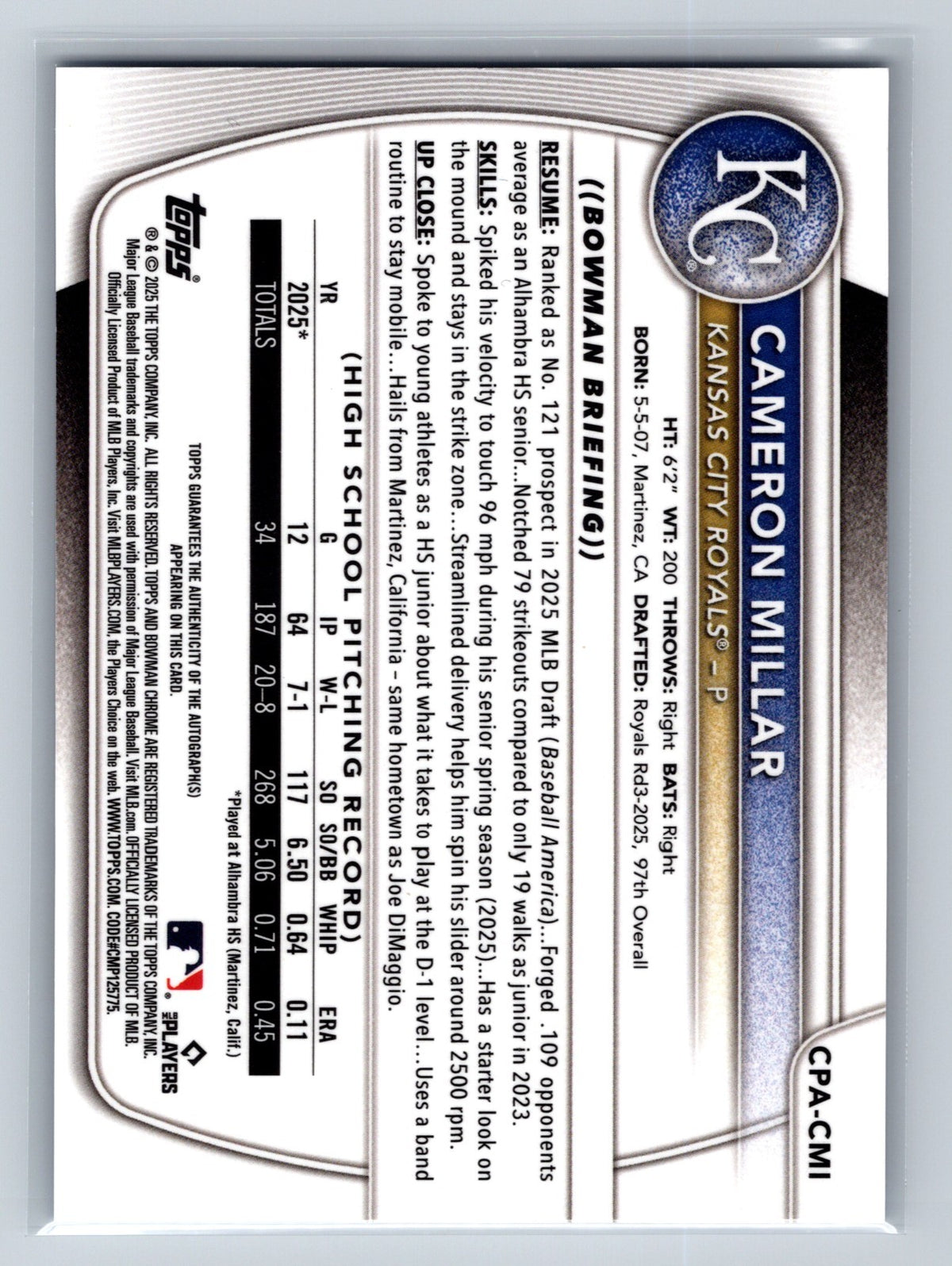 Cameron Millar 2025 Bowman Chrome 1st Blue Wave Refractor Auto /150 #CPA-CMI