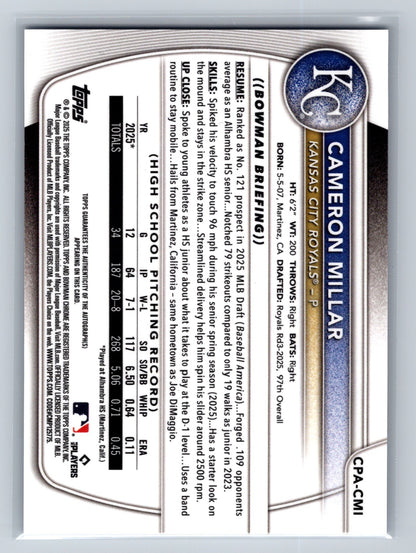 Cameron Millar 2025 Bowman Chrome 1st Blue Wave Refractor Auto /150 #CPA-CMI