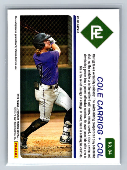 Cole Carrigg 2024 Panini Prospect Edition Prospect Ticket Green Prizm Auto #84