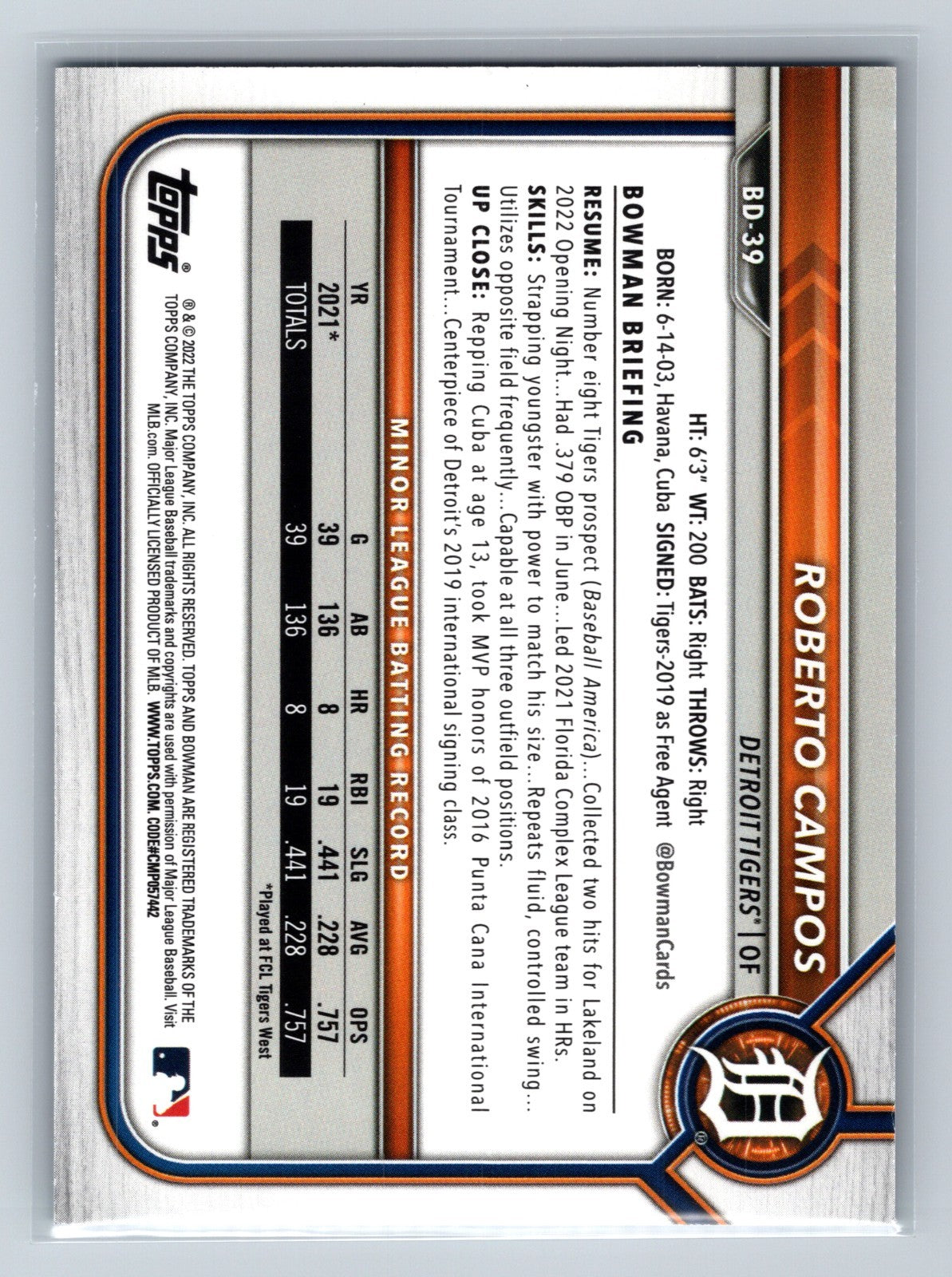 Roberto Campos 2022 Bowman Draft 1st Edition Paper Sky Blue Foil #BD-39 Tigers