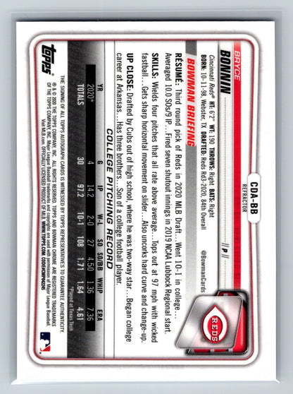 Bryce Bonnin 2020 Bowman Draft Chrome 1st Refractor Auto /499 #CDA-BB Reds