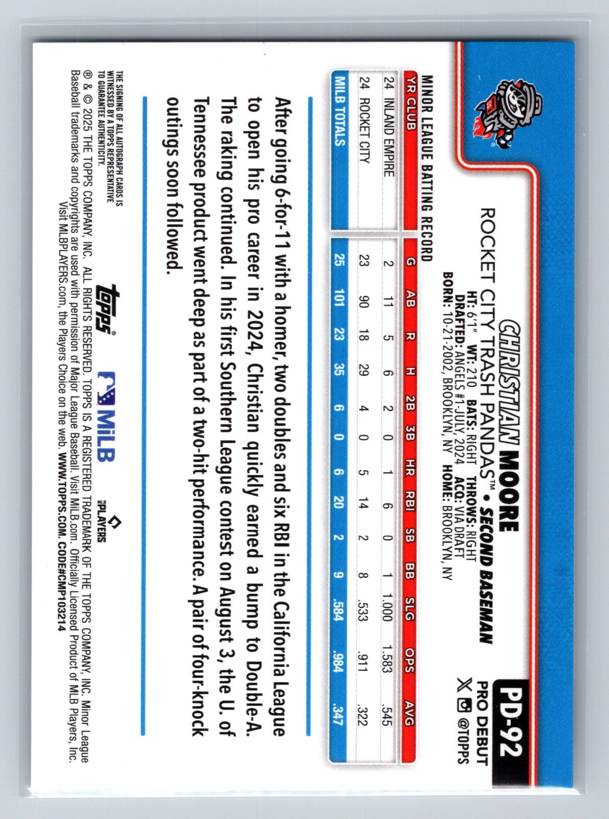 Christian Moore 2025 Topps Pro Debut Auto #PD-92 Angels Trash Pandas
