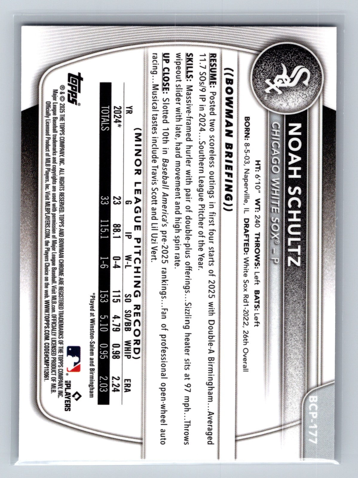 Noah Schultz 2025 Bowman Chrome Purple Prospect Geometric Refractor /250 #BCP-17
