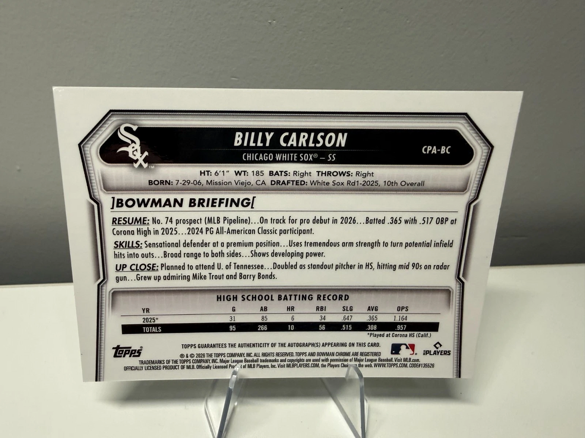Billy Carlson 2026 Bowman Chrome Prospects Green Refractor Auto /99 #BCP-BC