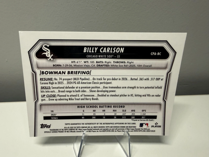 Billy Carlson 2026 Bowman Chrome Prospects Green Refractor Auto /99 #BCP-BC