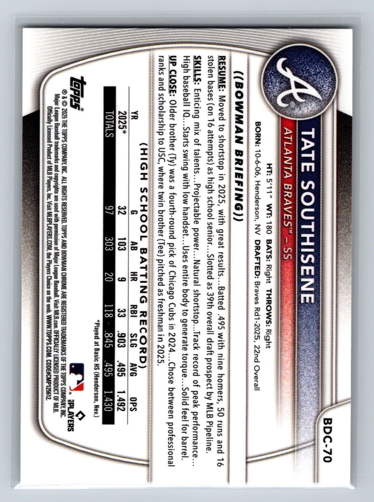 Tate Southisene 2025 Bowman Draft Chrome 1st Yellow Geometric Refractor /75