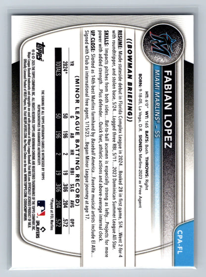Fabian Lopez 2025 Bowman Chrome 1st Speckle Refractor Auto /299 #CPA-FL Marlins