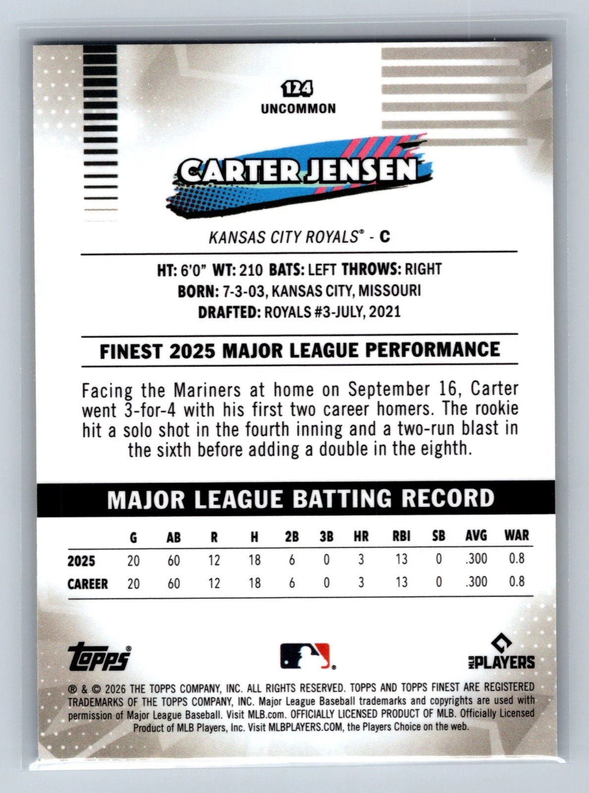 Carter Jensen 2026 Topps Finest Uncommon Yellow Refractor RC /275 #124 Royals