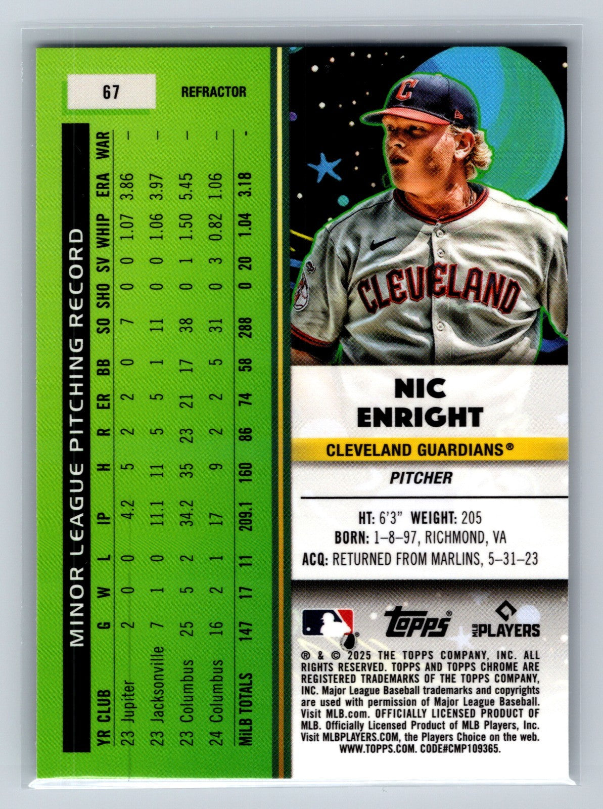 Nic Enright 2025 Topps Cosmic Chrome Refractor RC #67 Guardians
