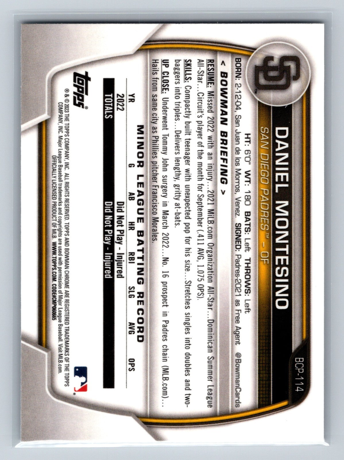 Daniel Montesino 2023 Bowman Chrome 1st Atomic Refractor #BCP-114 Padres