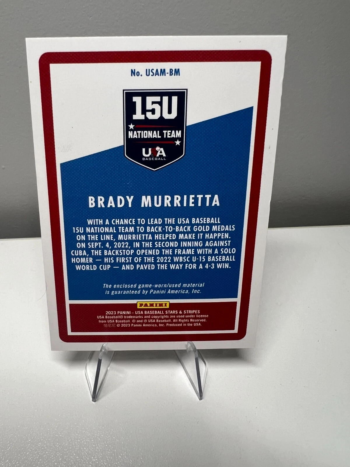 2023 Panini Brady Murrietta USA Baseball Stars & Stripes Material /250 #USAM-BM
