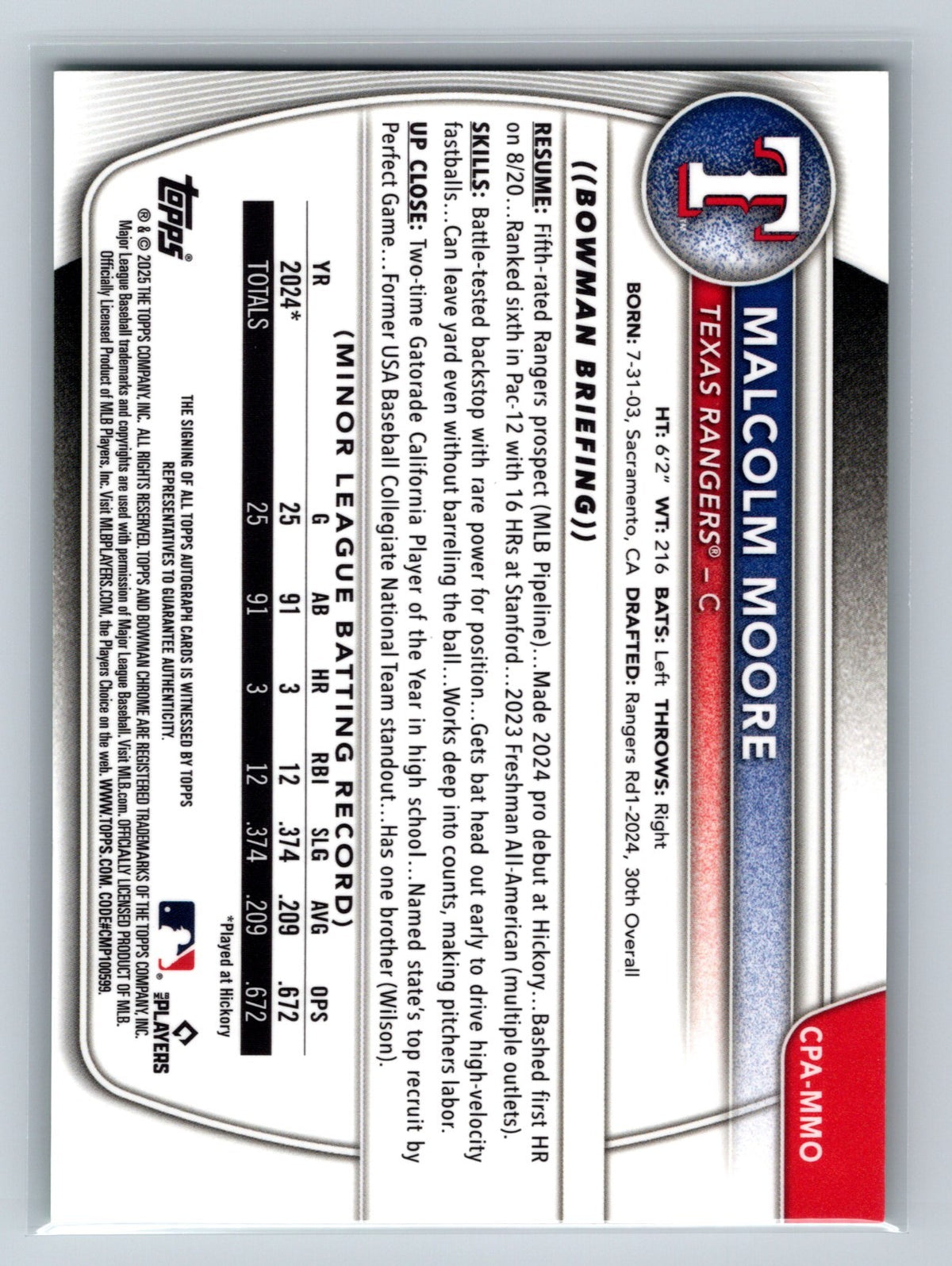 Malcolm Moore 2025 Bowman Chrome 1st Green Refractor Auto /99 #CPA-MMO Rangers
