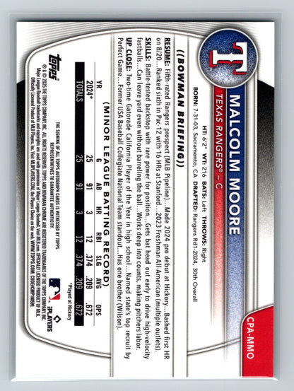 Malcolm Moore 2025 Bowman Chrome 1st Green Refractor Auto /99 #CPA-MMO Rangers
